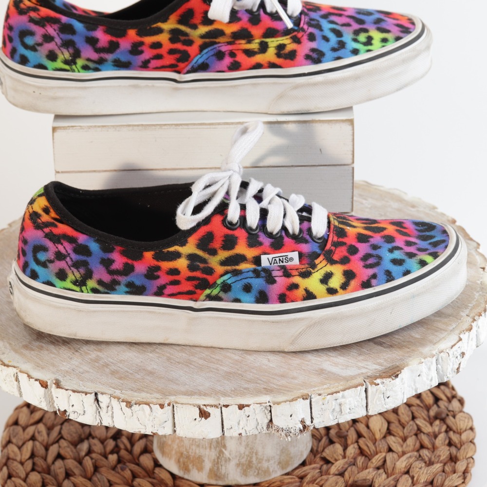 Vans Authentic Rainbow Leopard Print Canvas Low Top Sneakers Multi Color Animal